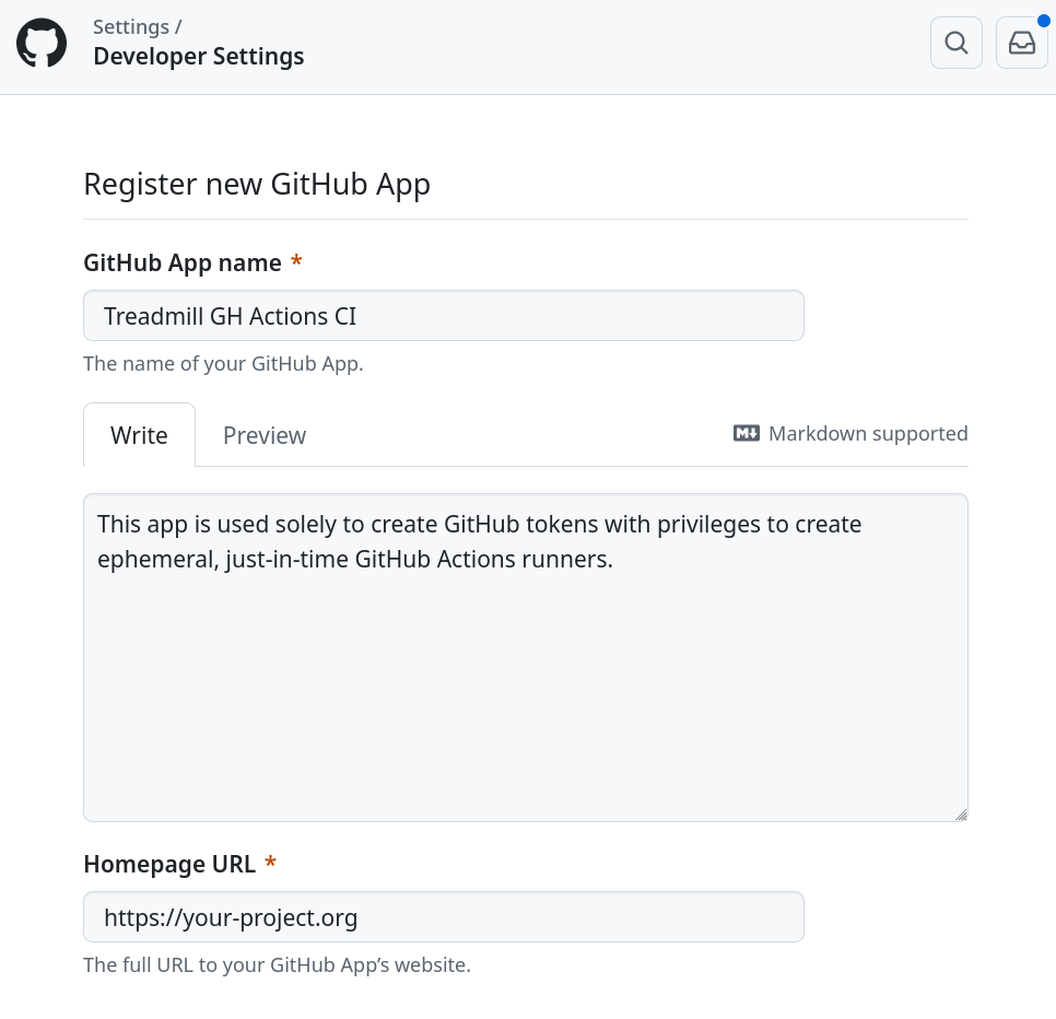 "Register a new GitHub App" form, with the "GitHub App name" set to "Treadmill GH Actions CI", the description set to "This app is used solely to create GitHub tokens with privileges to create ephemeral, just-in-time GitHub Actions runners." and the "Homepage URL" field set to "https://your-project.org"