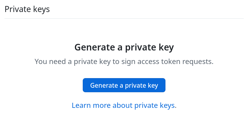 "Private keys" section of the GitHub App settings, showing a large blue button labeled "Generate a private key"