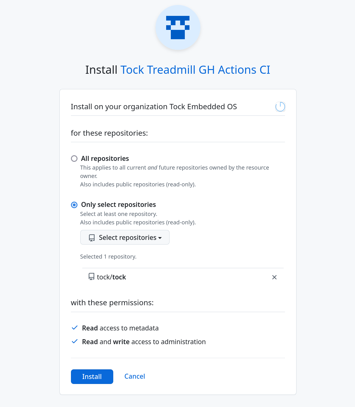 "Install Tock Treadmill GH Actions CI" screen, with "Only select repositories" selected, and the tock/tock repository being selected as one of the repositories for which the app should be installed