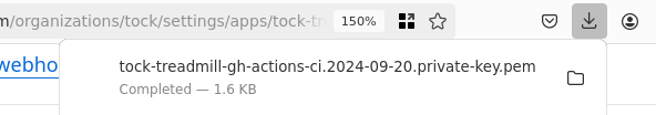 Firefox Downloads menu showing a tock-treadmill-gh-actions-ci.2024-09-20.private-key.pem file